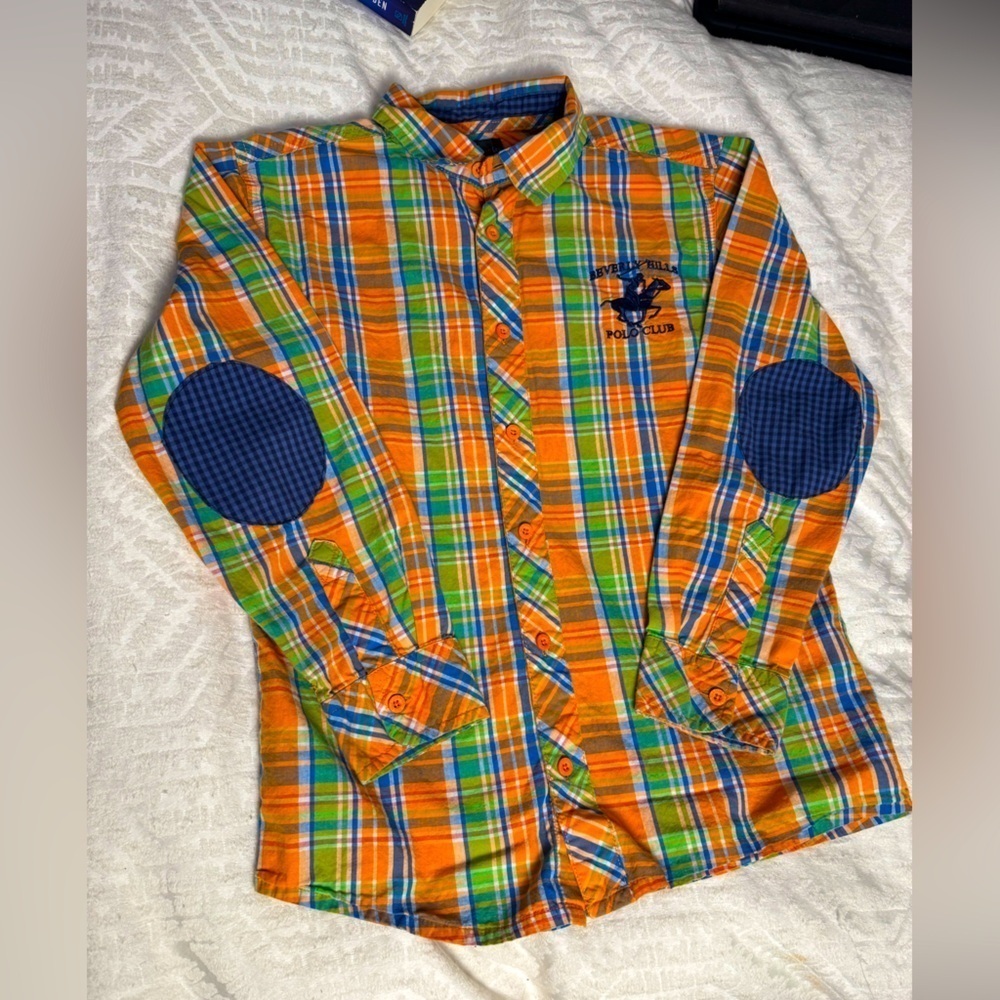 Beverly Hills Polo Club Orange Blue plaid Button Down Shirt elbow patches